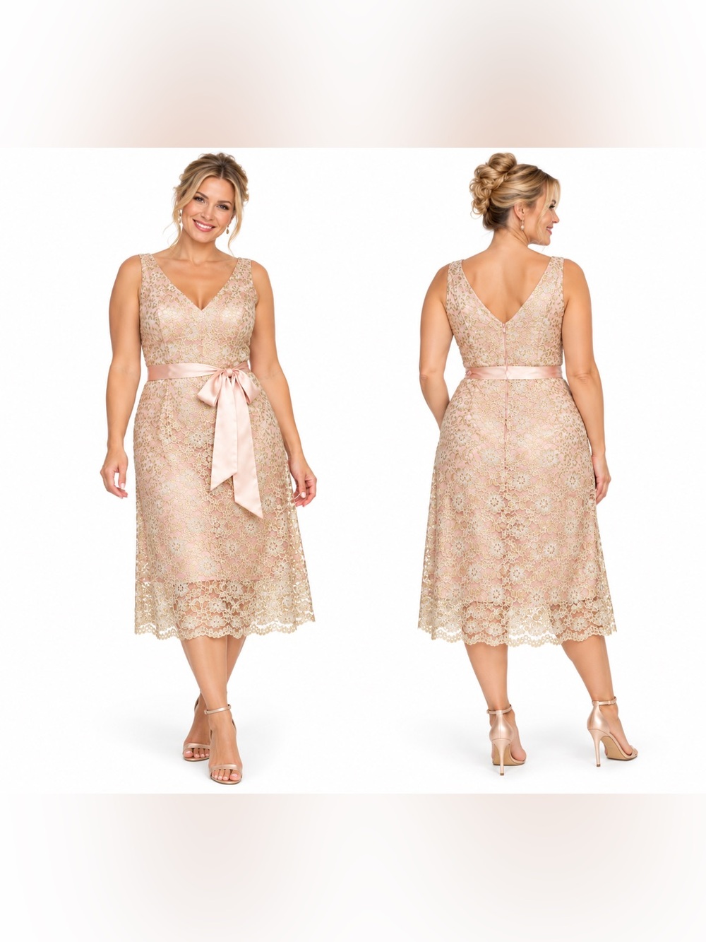 Shoshanna Midi Dress Size 10 Blush Gold Metallic Lace Satin Sash NWT
